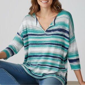 PRESS BLUE GREEN STRIPE 3/4 SLEEVE LIGHTWEIGHT KNIT SWEATER WOMENS SZ SMALL